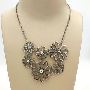 Rhinestone & Silver Daisy Flower Cluster  Necklace